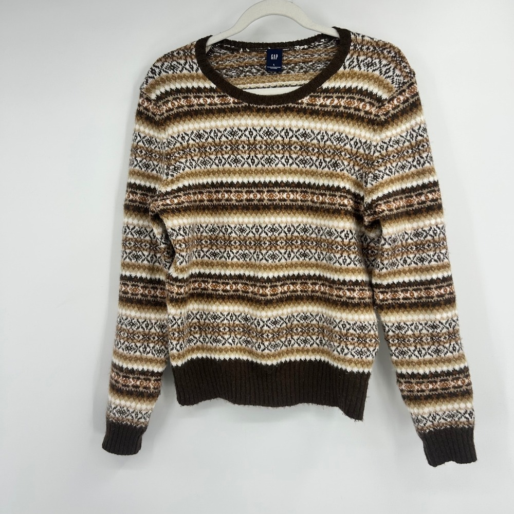 Vintage GAP Brown Fair Isle Wool Blend Crewneck Sweater Womens Large Hong Kong